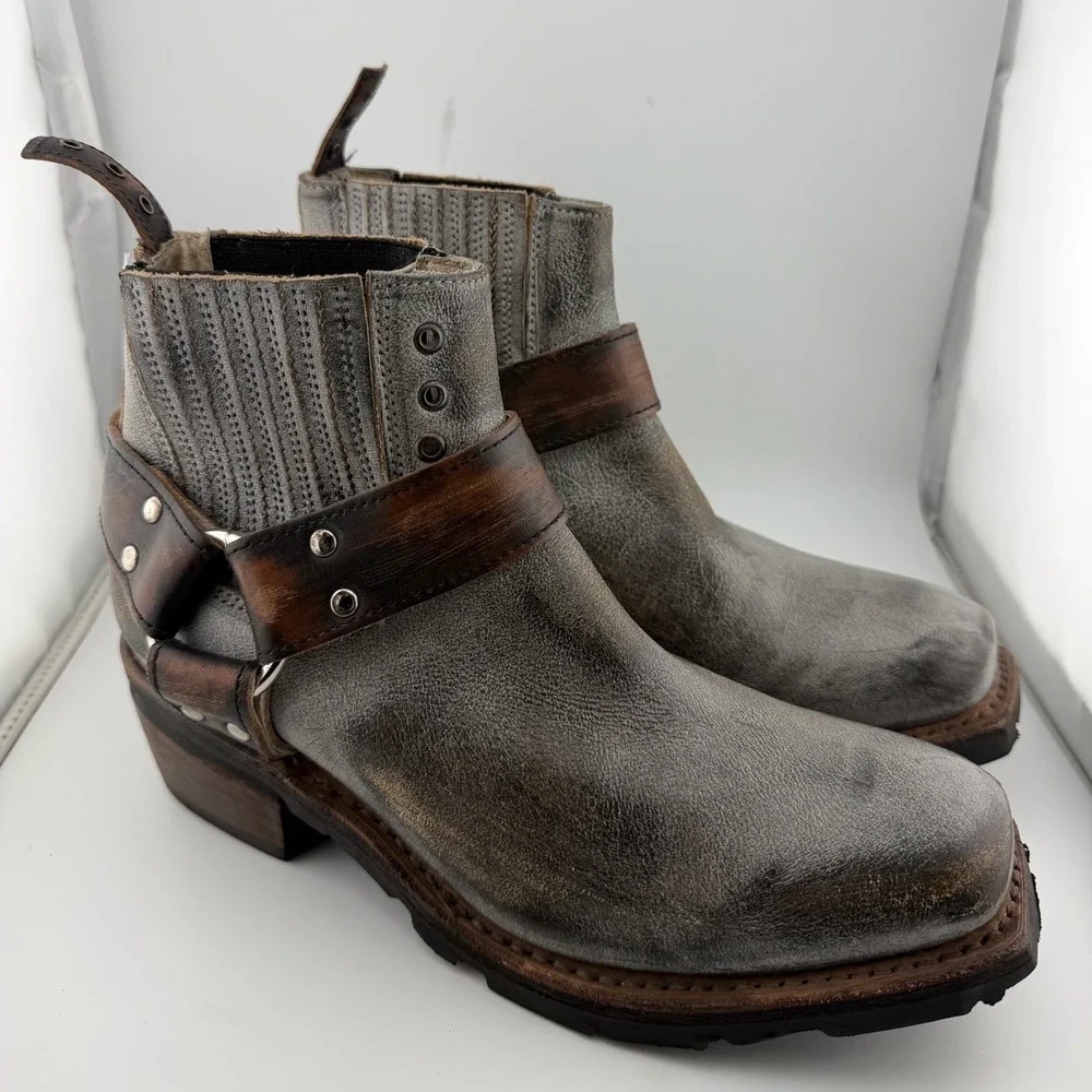 Freebird Whiskey‎ Harness Boots 9 Grey Leather Square Toe Excellent Distressed